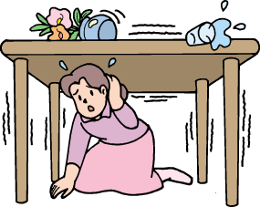 地震発生中机の下に隠れる人のイラスト