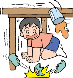 地震発生中机の上から食器が落ちて割れているイラスト
